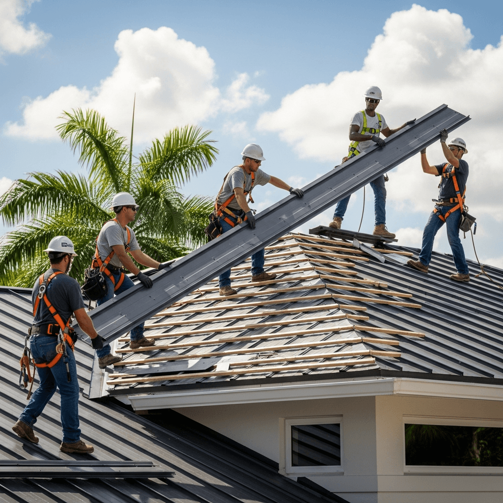 FSRS crew installing a metal roof