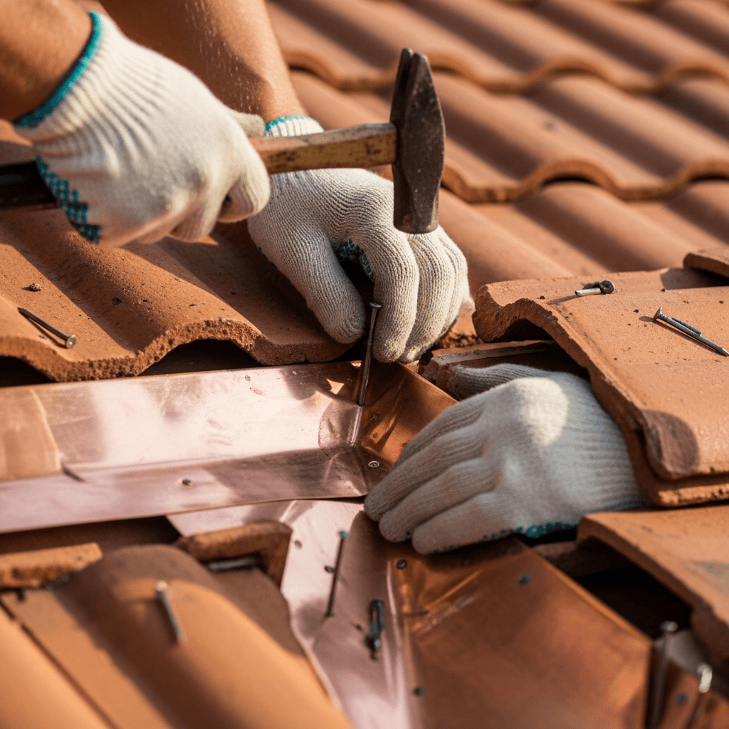 Detail of skilled hands working flashing
